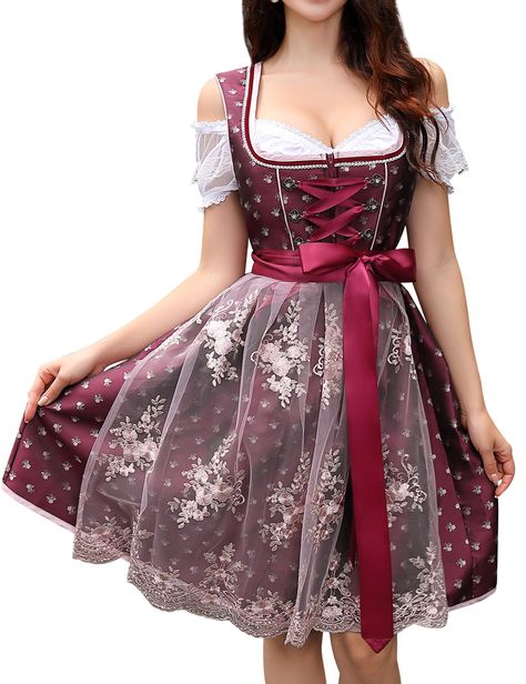 PRICES MAY VARY. 🍺【Traditional Oktoberfest Dress】: Get ready for the traditional beer festival with our 3-piece dirndl dress. It includes a off-the-shoulder puff lace sleeve blouse, an apron, and a Dirndl Dress, capturing the authentic beer maid style. The looped ribbon at the chest can be adjusted to tighten the dirndl dress according to your preferred fit. 🥨【Material】: The women's dirndl dress consists of 100% polyester, this oktoberfest costumes offers exceptional comfort and showcases a lu German Dirndl Dress, Embroidery Aprons, German Dress Dirndl, German Costume, Oktoberfest Dress, Oktoberfest Halloween, Oktoberfest Costume, German Dress, Lace Sleeve Blouse