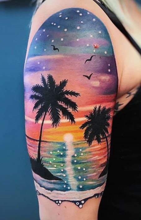 Beach Sunset Tattoo, Beach Scene Tattoo, Palm Tree Tattoos, Palm Tree Tattoo Ankle, Beachy Tattoos, Sunset Tattoo, Tropical Tattoo, Dove Tattoo Design, Scene Tattoo