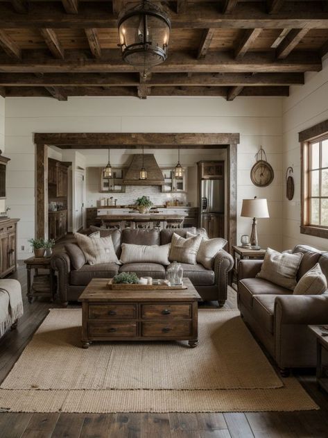 Farmhouse living room ideas creating a cozy, rustic ambiance with distressed furniture, vintage accents, and farmhouse-inspired decor. #LivingRoomIdeas #LivingRoomDesign Country Earthy Aesthetic, Kitchen Bar Open To Living Room, Living Room Inspiration Vintage Modern, Rustic Chic Aesthetic, Country Bedrooms Farmhouse, Luxury Cabin Bedroom, Small Rustic Living Room Ideas, Dark Rustic Living Room, Starling House