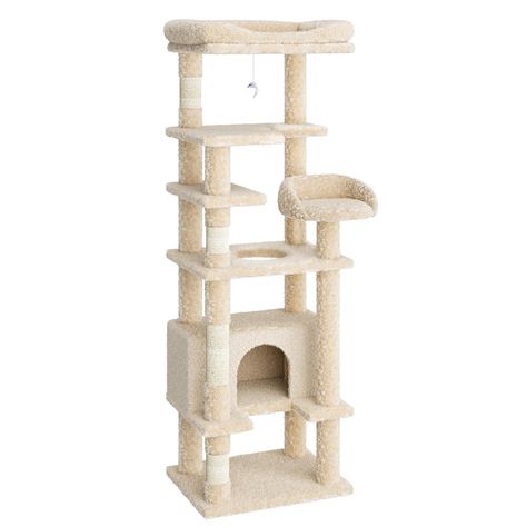 71'' Tall Cat Tree, Multi-Level Cat Tower Condo with Scrating Post, Large Top Perch and Dangling Rope, Roomy Condo for Indoor Cats Cat Tree For Small Spaces, Tall Cat Tree, Cat Trees And Condos, Birch Tree Cat Tower, Tree Branch Cat Tower, Cat Trees Homemade, Stylish Cat Furniture Towers, Tall Cat Scratching Post, Feral Cat Shelter