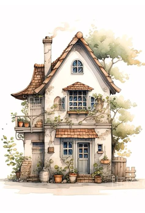 Fairytale Watercolor, House With Vines Drawing, Cottage Homes Drawing, Sketches Of Cottages, Cottage Home Drawing, Cottage Core House Drawing, Watercolor House, House Drawings, Cottage House Drawing Sketch