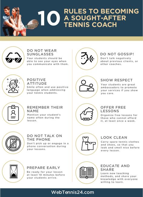 10 Rules to Become a Successful Tennis Coach (Infographic)
https://www.rfr.bz/pljzxnc Rules Of Tennis, Tennis Coaching, Tennis Rules, How To Play Tennis, Tennis Techniques, Tennis Drills, Tennis Lessons, Coaching Tips, Tennis Tips