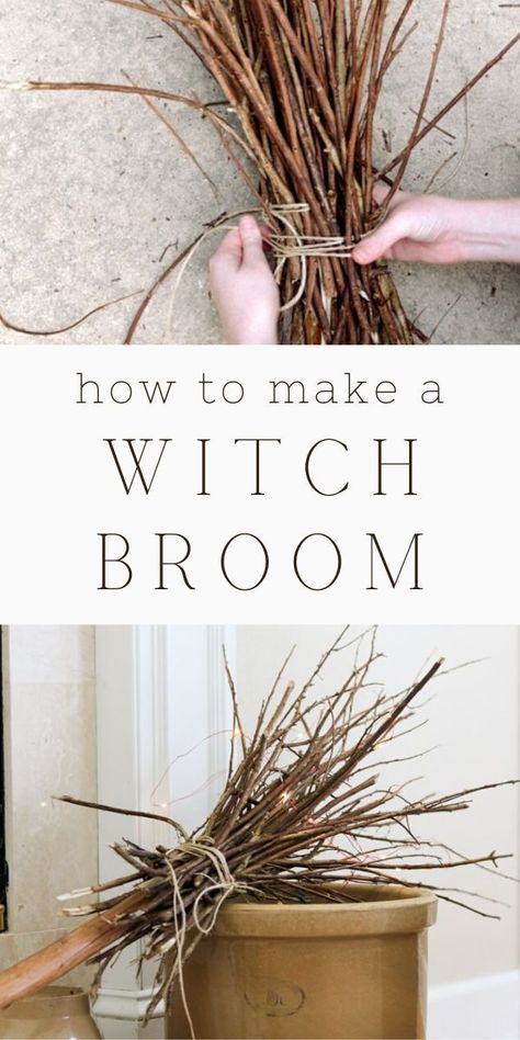 Simple and easy steps on how to make a witch broom for your Halloween decorations. Fun DIY witch broom craft project. Making a witches broom from a broomstick or hiking stick, branches, twigs, and limbs. Great project for kids too. Step-by-step instructions and video on making a flying witch's broom for a spooky all Hallows eve decor ideas. Vintage cottagecore witchcore fireplace mantle decorations for the holidays. Fall Broomstick Decor, Witch Broom Craft, Fireplace Mantle Decorations, Broom Craft, Vintage Halloween Crafts, Cinnamon Broom, Halloween Witch Brooms, Mantle Decorations, Halloween Brooms