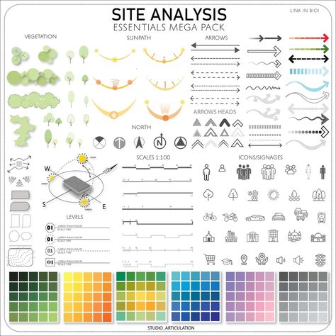 ✨ 🚀 Transform Your Spaces with Our Premier Products! ⁠ ⁠ ⭐ Site Analysis Essentials Mega Pack by @studio_articulation⁠ ⁠ With This Kit, You’ll Get:⁠ ⁠ ✅ Annotation, signs, and symbols can be a valuable tool for architects and designers!⁠ ⁠ ✅ Different types of vegetation, sun paths, arrows, icons, scales, and color palettes which allow you to present your work more effectively in your next site analysis presentation.⁠ ⁠ ➡️ Download Link in Bio! ⁠ Architecture Presentation Board Site Analysis, Site Analysis Topography, Architecture Site Analysis Drawing, Site Analysis Color Palettes, Site Analysis Urban Design, Architecture Drawing Color Palette, Site Analysis Interior Design, Sun Path Symbol, Architecture Color Palette Presentation