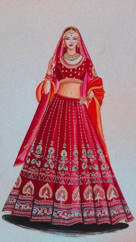 Indian Bridal Drawing, Rajasthani Dress Drawing, Bride Fashion Illustration Weddings, Bridal Illustration Indian, Bride Art Drawing, Bride Illustration Drawing, Indian Bride Sketch, Lehenga Illustrations, Traditional Wear Illustration