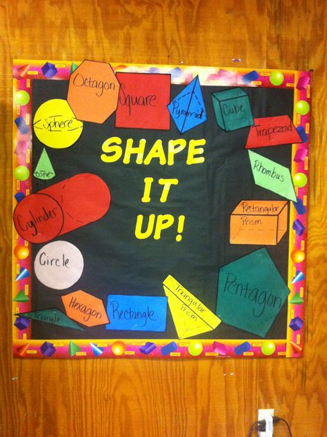 This board provides students with different types of shapes. Based off of what students know, they will come up and write the name on the shape. Shapes Softboard Ideas, Mathematics Day Board Decoration, Math Bulletin Boards Preschool, Shapes Bulletin Board Ideas Preschool, Shape Bulletin Boards, Shape Bulletin Boards Preschool, Shapes Decorations Classroom, Maths Shapes Project, Math Display Boards Ideas