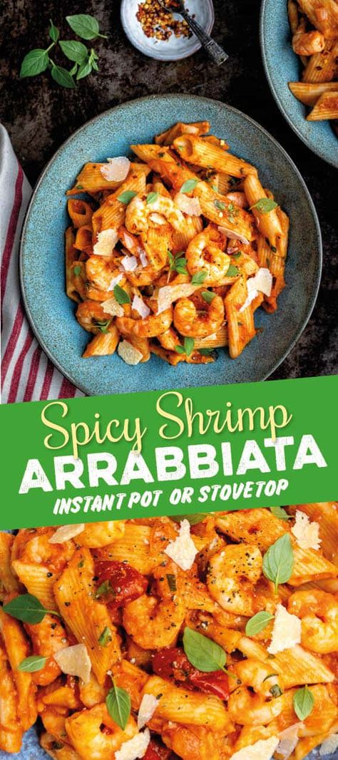 This Spicy Prawn Pasta Arrabbiata is SUPER quick whether you make it in your Instant Pot or the stovetop. Easy, delicious and Slimming World friendly too! #instantpot #pasta #slimmingworld Shrimp Arrabbiata Pasta, Prawn Pasta, Spicy Prawns, Chicory Recipe, Instant Pot Pasta Recipe, Prawn Recipes, Shellfish Recipes, Savoury Recipes, Mood Food