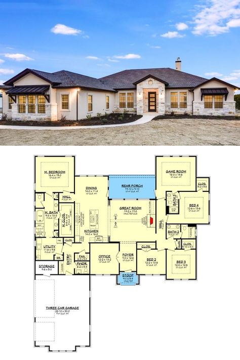 One Story 5 Bedroom Floor Plans, 4 Bed Rooms House Plan Ranch, Texas Style Ranch House, Old Home Layout, Floor Plans For 4 Bedroom House Layout, 4 Bedroom 5 Bathroom House Plans, Single Story House Floor Plans 4000 Sq Ft, Single Story House Layout, Ranch Style Home Layout