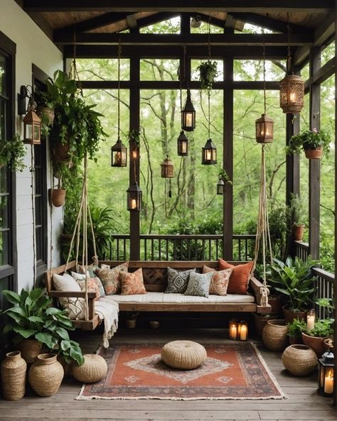 Boho Back Porches Are Now a Thing and These 20 Ideas Prove It – ToolzView Long Covered Porch, Lanai Porch Ideas, Front Porch Boho Decor, Decorate Porch Ideas, Front Porch Inspo Modern, Back Porch Landscaping Ideas, Uncovered Back Porch Ideas, Screened In Porch Plants, Boho Back Porch Ideas