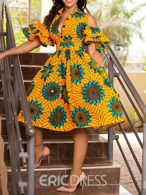 Ericdress Mid-Calf Lapel Print Floral A Line Dress Ankara, African Fashion, Latest African Fashion Dresses, African Fashion Dresses, Formal Wear, Print Dress, Fashion Dresses, Dresses With Sleeves, I Hope