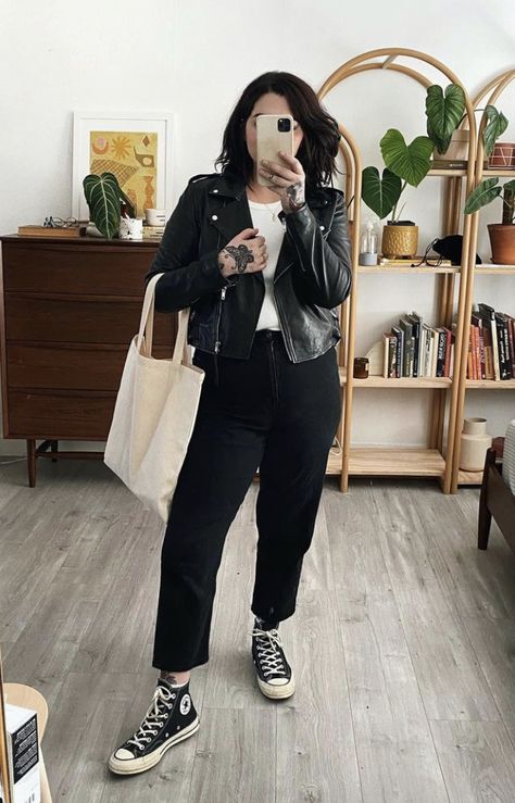 Slacks And Vans Outfit, Tomboy Minimalist Fashion, Edgy Midsize Fashion, Elder Emo Style, Punk Teacher Outfits, Alternative Business Casual Plus Size, Curvy Edgy Outfits, Elder Emo Outfits, Midsize Edgy Outfits