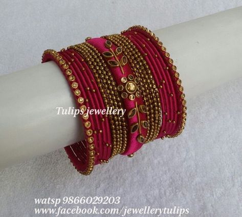 Bangles Ideas For Saree, Bangles On Saree, Bridal Silk Thread Bangles Set, Silk Thread Bangles Design Bridal, Thread Bangles Design Bridal, Bangles For Saree, Thread Bangle Designs, Thread Bangles Silk Handmade, Silk Thread Earrings Designs