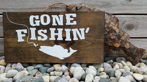 Gone Fishing Sign, Hanging Wooden Sign, Fishing Sign, Rustic Fishing, 14.5" x 7" - pinned by pin4etsy.com Gone Fishing Sign, Distressed Lettering, Walnut Wood Color, Fishing Sign, Hunting Signs, Seashell Decor, Mini Signs, Fishing Signs, Wooden Fish