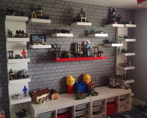 5. A Lego creation station Built Lego Storage Ideas Display, How To Store Built Lego Sets, Built Lego Storage Ideas, How To Display Lego Sets, Lego Set Display Ideas, Lego Themed Bedroom, Lego Shelves, Lego Displays, Lego Room Ideas