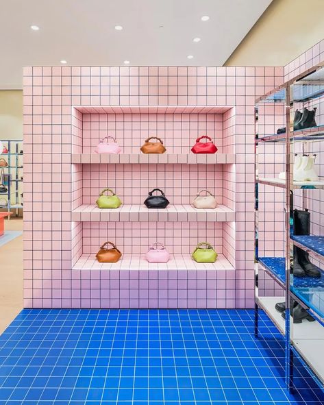 GANNI Chengdu: New Colourful and Playful Store Opens in China Funky Display Ideas, Retro Retail Store Design, Funky Store Interior, Pink Retail Store, Cool Store Design, Ganni Campaign, Ganni Aesthetic, Shop Display Design, Ganni Store