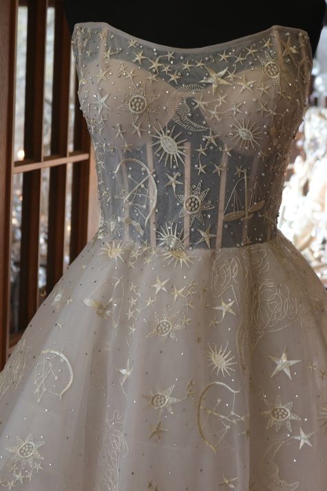 Stars & Celestial embroidered wedding gown with the moon & the stars - remarkable in person!! More pics on fb! https://www.facebook.com/media/set/?vanity=RetroVintageWeddings1920s1930s&set=a.674796284655231 make sure you look at fb photos- I also have this in a very pale pink/cream Forest Fairy Dress, Celestial Wedding Theme, Celestial Dress, Embroidered Wedding Gown, Line Tattoo Ideas, Galaxy Wedding, Starry Night Wedding, Fairy Wedding Dress, Moon Dress