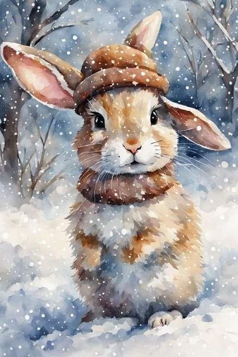 Christmas Bunny Art, Painting With Pencil Colour, Bunny Photography, Colorful Animal Art, Animals In Winter, Winter Rabbit, Animal Paintings Acrylic, Painted Christmas Cards, Beautiful Christmas Scenes