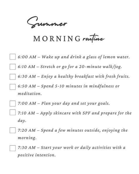 Summer is a season of warmth, vibrancy, and longer days, making it the perfect time to revamp your morning routine. Starting your day with a refreshing and energizing routine can set a positive tone for the rest of your day. Here’s a guide to crafting the perfect summer morning routine that will leave you feeling invigorated and ready to take on whatever comes your way. More tips on the blog and you can download this checklist. #selfcare #summerselfcare #summerroutine #selfcareroutine #self... Summer Morning Routine, Summer Morning, Set Your Goals, Planning Your Day, Lemon Water, Daily Activities, Self Care Routine, Morning Routine, Perfect Summer