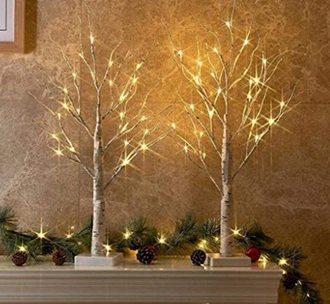 PEIDUO Set of 2 2FT 24LT Birch Tree Battery Powered Warm White LED for Home Decoration, Wedding White Birch Trees, Light Up Tree, Warm White Lights, Twig Tree, Tree Lamp, White Lights, Easter Tree, Birch Bark, Mors Dag