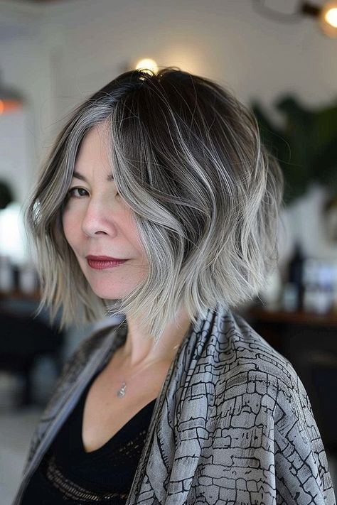 Best Bob Haircuts for Women Over 60 Ash Grey Short Hair, Highlights On Grey Hair, Bob With Silver Highlights, Silver Hair With Lowlights, Silver Bob Haircut, Silver Hair Bob, Choppy Bobs, Grey Blending, Silver Ombre Hair