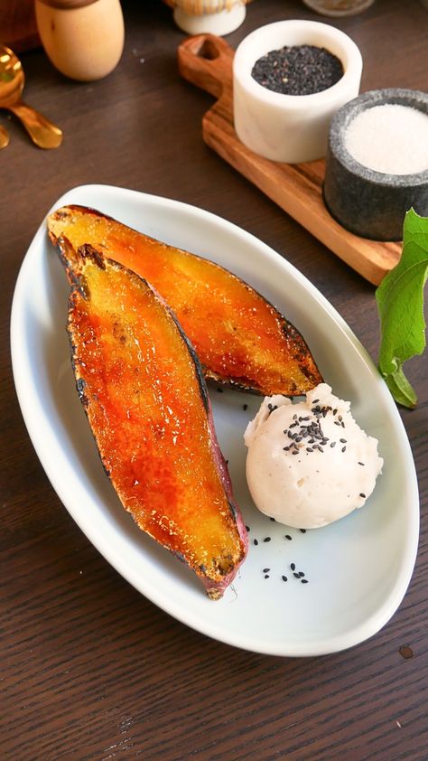 Bruleed sweet potatoes are an easy and delicious two-ingredient dessert! It’s surprisingly light and not overly sweet, even better with a scoop of ice cream! Brulee Sweet Potatoes, Sweet Potato Ice Cream, Two Ingredient Desserts, Korean Sweet Potato, Sweet Potato Dessert, Sweet Potatoes Recipe, Korean Dessert, Scoop Of Ice Cream, Asian Sweets