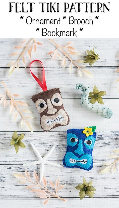 Felt TIki Ornament Brooch and Bookmark Tutorial and Pattern Felt Ornaments Diy, Felt Ornaments Patterns, Christmas Crafts For Adults, Diy Crafts For Adults, Festive Crafts, Felt Ornament, Ornament Pattern, Diy Felt, Felt Garland