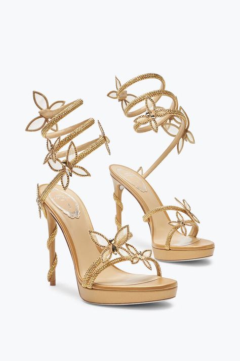 Margot Gold Platform Sandal With Butterflies 120 Rene Caovilla in Gold for Women | Rene Caovilla® Luxury Gold Feminine Heels, Luxury Gold Elegant Heels, Rene Caovilla Wedding Shoes, Gold Butterfly Shoes, Renee Caovilla, Renee Caovilla Heels, Gold Platform Sandals, Rene Caovilla Butterfly Heels, Rene Caovilla Heels