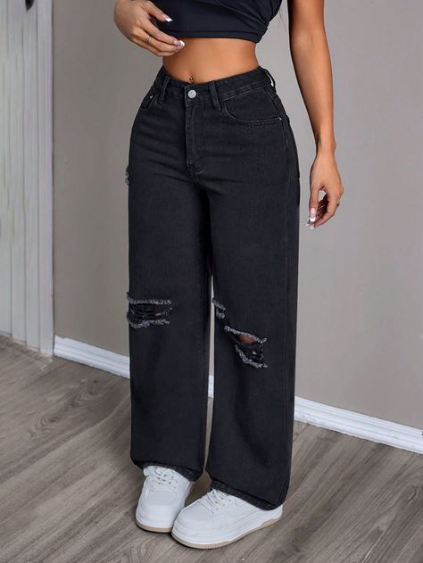 Women Loose Wide Leg Casual Jeans With Pockets And Distressed Details Black Casual   Denim Plain Wide Leg Non-Stretch  Women Clothing, size features are:Bust: ,Length: ,Sleeve Length: Jean Wide Leg, Jeans With Pockets, Neat Casual Outfits, Outfit Inspo Casual, Everyday Fashion Outfits, Black Ripped Jeans, Classy Casual Outfits, Jeans Casual, Simple Trendy Outfits