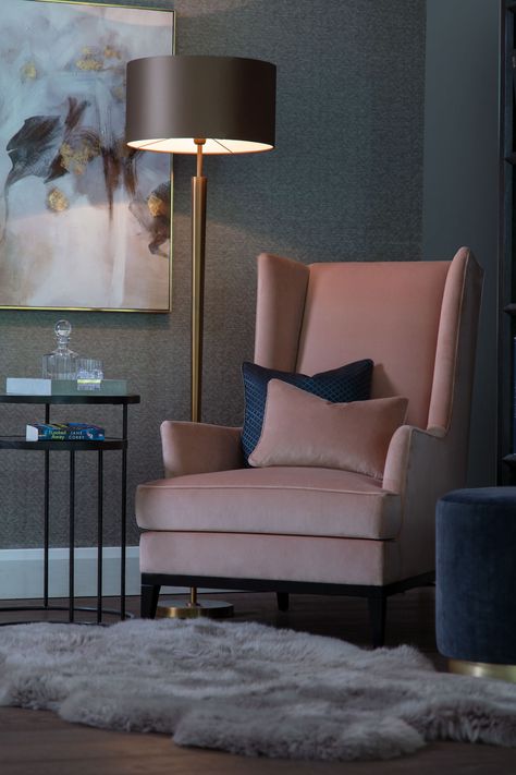 Sofa And Chair Company, Living Room Corner, Floor Lamps Living Room, Luxury Chairs, Living Room Sofa Design, Pink Chair, High Back Chairs, Living Room Seating, Lamps Living Room