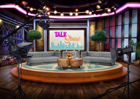 Talk Show Host Aesthetic, Talkshow Set Design, Tv Show Set Design, Youtube Backdrops, Studio Room Design, Studio Background Ideas, Club Background, Podcast Setup, Tv Set Design