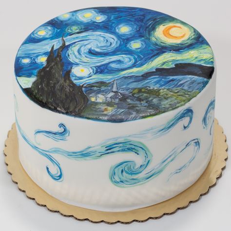 Starry Night cake Starry Night Cake, Gogh Cake, Cooking Theme, Starry Night Wedding, Harry Potter Baby Shower, Food Artists, Arte Van Gogh, Birthday Cup, Painted Cakes