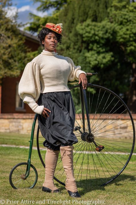 1890s Victorian biking attire by Prior Attire, for The Victorian Dressmaker vol2, Victorian Cycling Sweater, Victorian Cycling Outfit, Victorian Bicycle Outfit, Edwardian Bicycle Outfit, Cycling Sweater, Antique Crafts, History Bounding, Inspirational Clothing, Victorian England