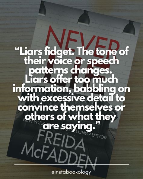 Q: Have you ever read a psychological thriller? ---- ⭐⭐⭐⭐ 𝐍𝐞𝐯𝐞𝐫 𝐋𝐢𝐞 𝐛𝐲 𝐅𝐫𝐞𝐢𝐝𝐚 𝐌𝐜𝐅𝐚𝐝𝐝𝐞𝐧 Freida McFadden's "Never Lie" is a psychological thriller that had me hooked from the start. The story follows newlyweds Tricia and Ethan as they uncover the dark secrets of their dream home's former owner, a renowned psychiatrist named Dr. Adrienne Hale. 📍 Psychological Thriller 📍 Isolated Setting 📍 Mysterious Disappearance 📍 Secrets and Revelations 📍 Unreliable Narrator 𝐔𝐧𝐫𝐚𝐯𝐞𝐥𝐢𝐧𝐠 𝐭𝐡𝐞 𝐌𝐲𝐬𝐭𝐞𝐫𝐲 McFadden's... Never Lie Freida Mcfadden Aesthetic, Never Lie Freida Mcfadden, Unreliable Narrator, Freida Mcfadden, Never Lie, Dark Secrets, Reading Aesthetic, Psychological Thriller, Book Aesthetics