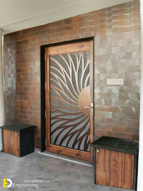 Glass Safety Door Design, Glass Door Entrance Design, Unique Interior Door Ideas, Main Entrance Door Design Architecture, Safety Door Ideas, Wood Main Door Design, Safety Door Design Entrance, Safety Door Design, Tor Design