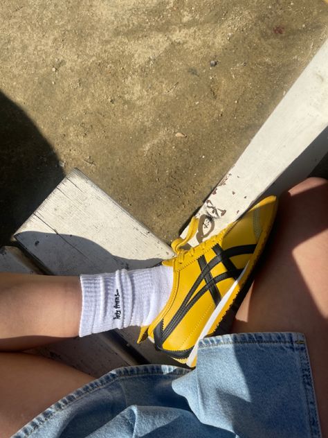 Asics, onitsuka tiger, sneakers, summer shoes, summer, yellow shoes, pop of color, statement piece, jean skirt, skort, denim, ootd, outfit, inspo, urban outfitters. Sneakers Onitsuka Tiger, Okinawa Tiger Shoes, Asics Yellow Shoes, Asics Tiger Outfit, Yellow Tiger Shoes, Tiger Sneakers Onitsuka, Yellow Asics Outfit, Onitsuka Tiger Mexico 66 Yellow Outfit, Asics Onitsuka Tiger Outfit