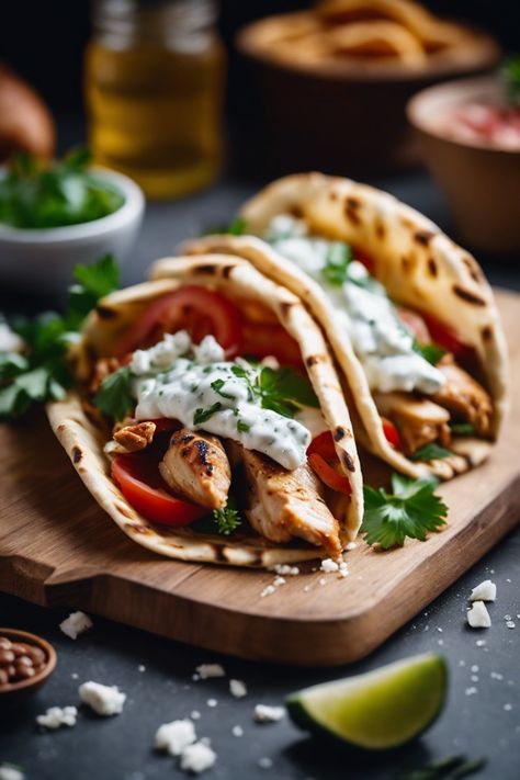 Greek Chicken Gyros with Tzaziki Recipe Tzaziki Recipe, Low Calorie Chicken Recipes, Best Creamed Spinach Recipe, Greek Gyros, Low Calorie Chicken, Grilled Chicken Tenders, Homemade Tzatziki Sauce, Homemade Flatbread, Pitta Bread