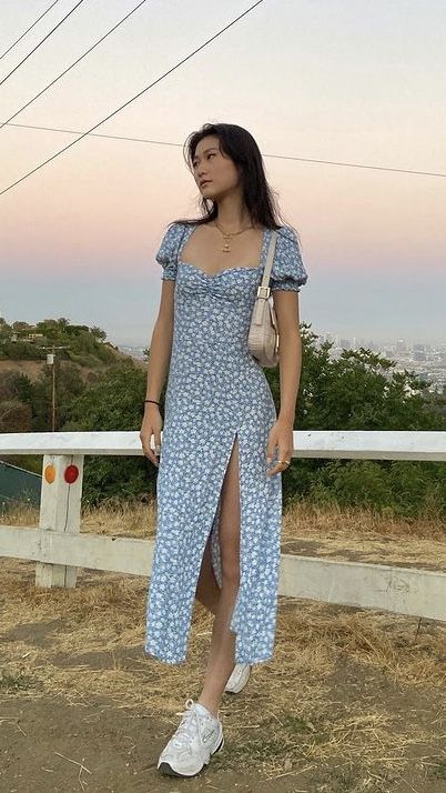 Everyday Dresses Casual Summer Simple, Mid Thigh Dresses, Long Dress Summer Aesthetic, Styling Long Dresses Casual, Long Everyday Dress, Long Fitted Dress Casual, Long Sundress Outfit Casual, Cute Summer Dresses Long, Long Dress Aesthetic Casual