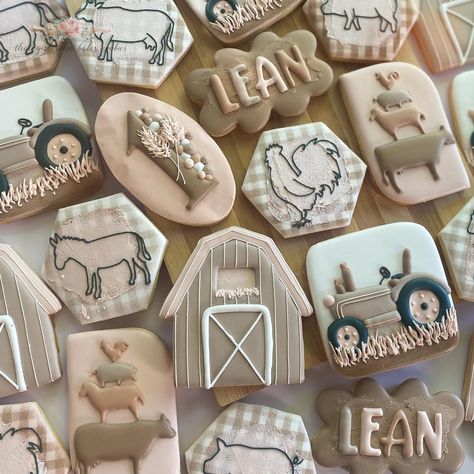 Farm Decorated Cookies, Farm Baby Shower Cookies, Barn Cookies Decorated, Chicken Cookies, Tractor Cookies, Specialty Cookies, Autumn Cookies, Pie Decoration, Engagement Cookies