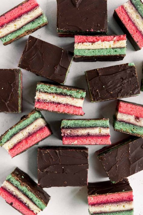 Italian Rainbow Cookies - Ahead of Thyme Rainbow Cookies Recipe, Easter Egg Sugar Cookies, Italian Desserts Easy, Italian Rainbow Cookies, Rainbow Cookie, Banana Bread Cookies, Best Christmas Desserts, Italian Recipes Dessert, Chewy Peanut Butter Cookies