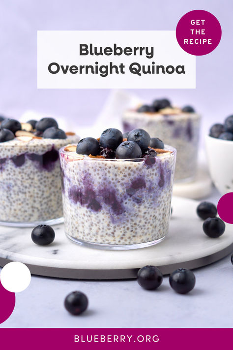 Switch up your morning grain game with our Blueberry Overnight Quinoa, a fun twist on overnight oats. Yes, your quinoa can multitask for you in sweet dishes as well as savory! This dish adds a yummy blueberry compote to a quinoa base sweetened with warm maple and vanilla flavors and enhanced with chia seeds. It’s perfect for meal preppers and anyone looking for a delicious, filling breakfast or snack on the go. Top with fresh blueberries for an extra pop of flavor and nutrients! Quinoa And Yogurt Breakfast, Overnight Quinoa Breakfast, Overnight Quinoa, Fasting Meals, Blueberry Pudding, Overnight Breakfast, Blueberry Compote, Yogurt Breakfast, Quinoa Breakfast