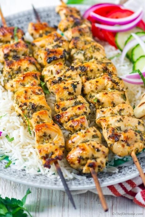 Chicken Souvlaki is Greek chicken kabobs marinated in fresh herb oregano (my fav), garlic, lemon, olive oil and seasonings. So simple, but amazingly flavorful chicken kabobs, Chicken Souvlaki is must try for every Mediterranean food lover! #chicken #souvlaki #herbs #recipe #dinner #grill Chicken Souvlaki Recipe, Souvlaki Marinade, Greek Chicken Kabobs, Greek Chicken Souvlaki, Souvlaki Recipe, Chicken Souvlaki, Kabob Recipes, Lemon Olive Oil, Chicken Kabobs