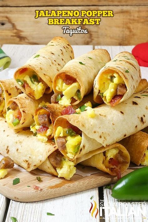 Jalapeno Popper Breakfast Taquitos - The Slow Roasted Italian Jalapeno Breakfast, Breakfast Pinwheels, Breakfast Taquitos, Weekday Breakfast, The Slow Roasted Italian, Creamy Eggs, Good Morning Breakfast, Bacon Sausage, Jalapeno Popper