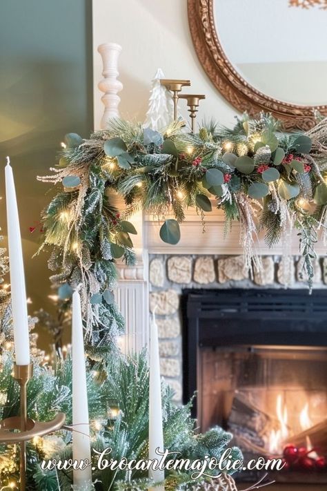 Holiday Mantle Decor Farmhouse, Garland On One Side Of Mantle, Christmas Mantel With Candles, Mantle Swags For Christmas, Farmhouse Mantle Christmas Decor, Holiday Fireplace Decor Christmas Ideas, Magnolia Garland Mantle, Christmas Mantle Decor Ideas Fireplaces, Christmas Hearth Decor Mantle Ideas