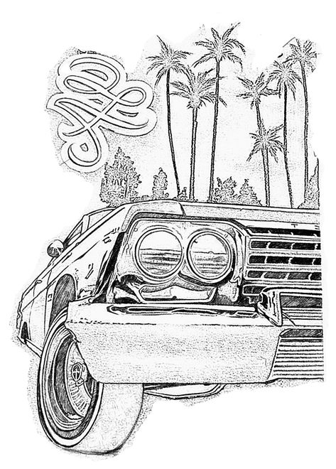 Lowrider Stencil, Low Rider Art Drawing, Impala Tattoo Design, Lowrider Tattoo Designs, Lowriders Drawings, Low Rider Drawing, Low Riders Drawings, Lowrider Art Drawings, Chicano Tattoo Stencil