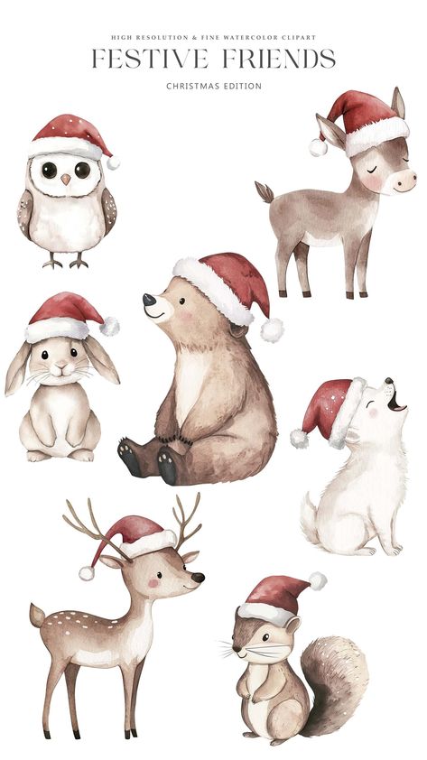 Cute Winter Animals Illustration, Christmas Illustration Animals, Cute Christmas Animals Drawings, Christmas Animal Art, Christmas Animal Illustration, Christmas Deer Drawing, Christmas Cute Art, Winter Animals Drawing, Cute Reindeer Drawing