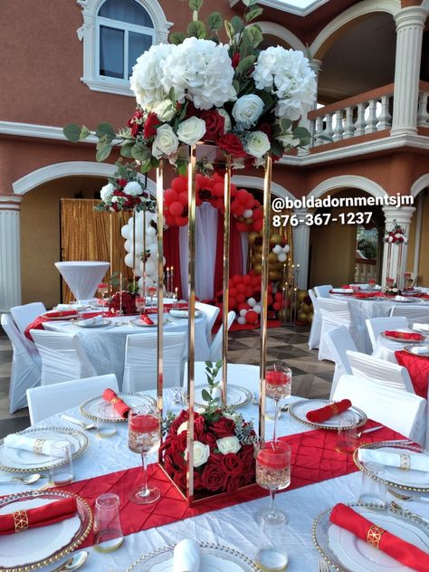 Red And White Banquet Decorations, White And Red Party Theme, Red And White Theme Birthday Party, Ruby Red Party Theme, White And Red Party Decorations, Red And Silver Party Theme, Red And White Party Theme, White And Red Table Setting, Red And White Grad Party