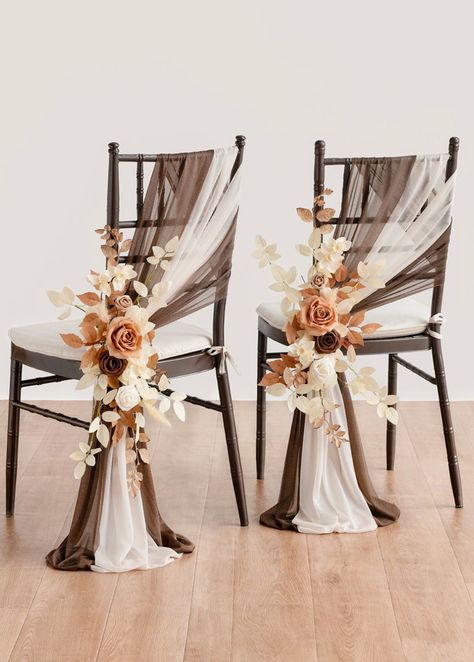 Mocha Wedding Theme, Chair Flower Decoration, Brown Wedding Decor, Chair Decor Wedding, Vendela Rose, Brides Chair, Flower Chair, Pew Flowers, Wedding Guest Table