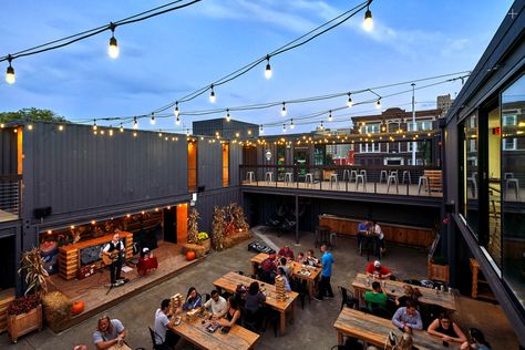 Urban Gathering Space, Indoor Outdoor Restaurant, Beer Garden Design, Beer Garden Ideas, Shipping Container Restaurant, Outdoor Restaurant Patio, Container Home Designs, Container Restaurant, Container Cafe