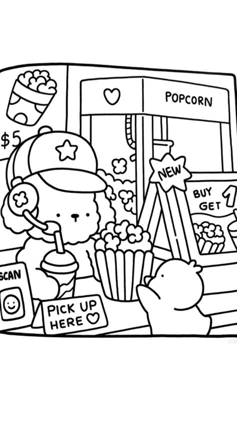 Cozy Coloring Pages Easy, Popcorn Coloring Page, Basic Coloring Pages, Bold Line Coloring Pages, Drawings To Color In, Blank Drawings To Color, Cute Drawings To Print, Cute Coloring Book Pages, Coloring Pages Bobbie Goods