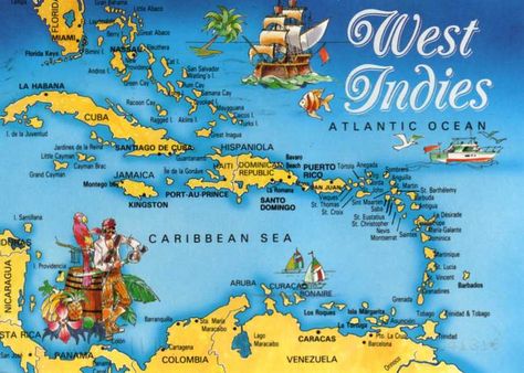 "9teen87", a friend that I met at the Postcrossing Meeting in Cologne, sent this amazing map postcard of The West Indies, a short-lived F... Samana, San Salvador, Christopher Columbus Facts, Epic App, Cayman Brac, British West Indies, Jimmy Buffet, The World Map, Amazing Maps